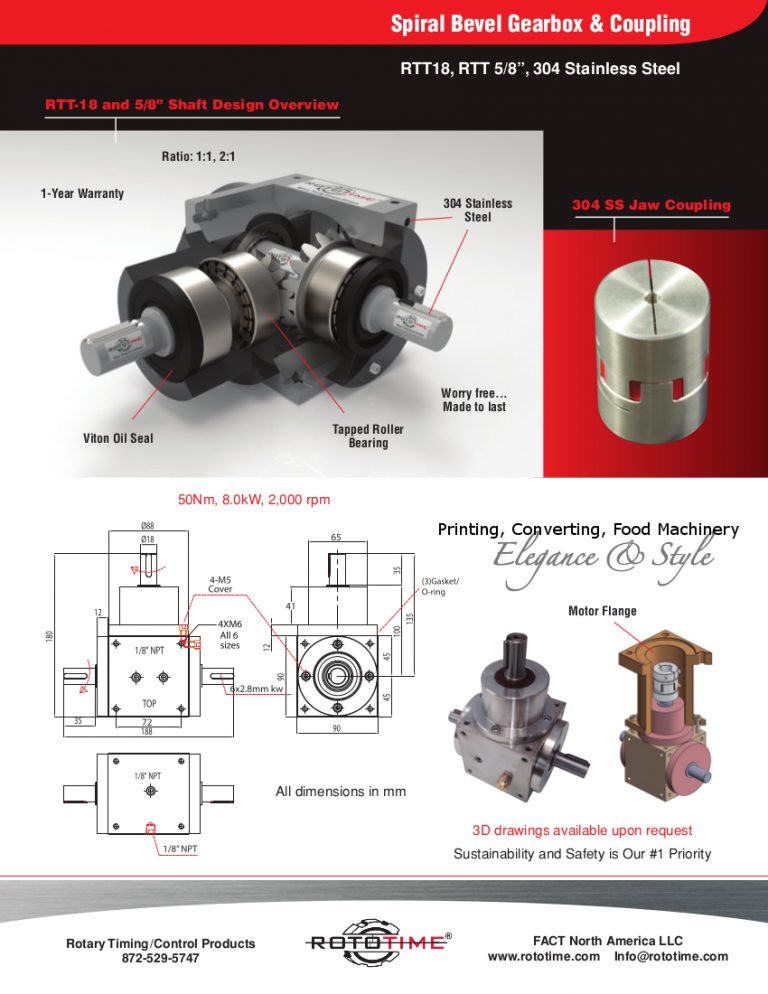 Spiral Bevel Gearbox & Coupling RotoTime Servo Gearbox, Stainless