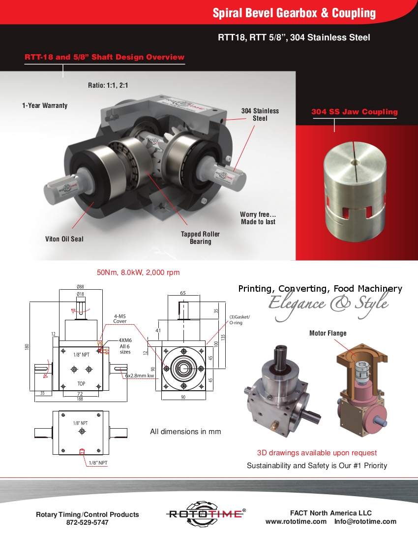 1:1 Ratio x 70mm Spiral Bevel Gearbox - BSH Type with 6mm Shaft Diameter,  Type L 